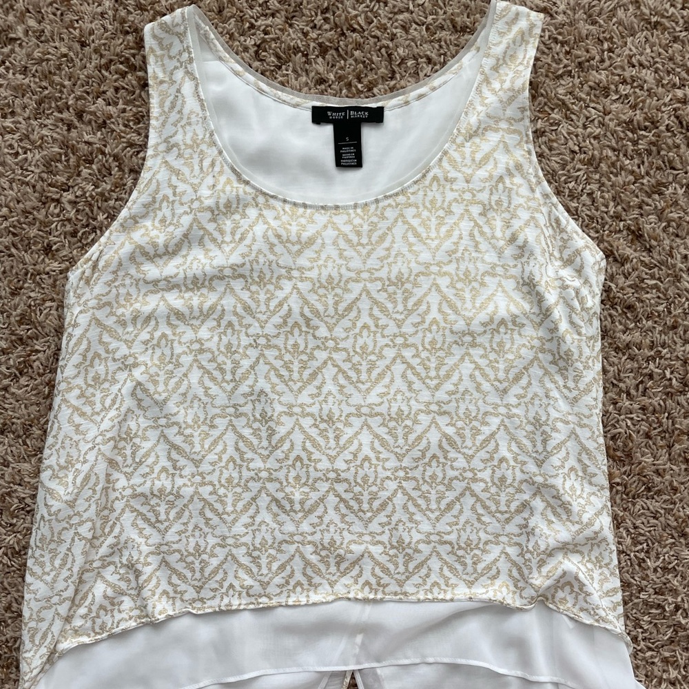White House Black Market white with gold shimmer design